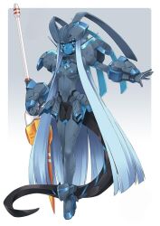 0 001_(darling_in_the_franxx) armor blue_skin colored_skin darling_in_the_franxx female_focus klaxosaur lance long_hair mecha mecha_musume polearm robot tail very_long_hair weapon