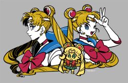 Rule 34 | 1girl, bishoujo senshi sailor moon, blonde hair, blue eyes, blue sailor collar, bow, choker, double bun, dramatica, earrings, eyelashes, gloves, hair bun, jewelry, long hair, looking at viewer, magical girl, multiple views, open mouth, red bow, sailor collar, sailor moon, sailor senshi uniform, twintails, very long hair, white gloves