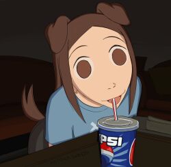 1girl absurdres animal_ears blue_shirt brown_eyes brown_hair commentary cup dilated_pupils disposable_cup dog_ears dog_girl dog_tail drinking drinking_straw english_commentary highres hitsuji_(hitsujigoods) horror_(theme) original pepsi shirt solo t-shirt table tail upper_body vivi_(hitsujigoods) wide-eyed
