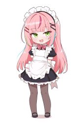 Rule 34 | 1girl, absurdres, alternate costume, apron, black dress, bow, bowtie, brown pantyhose, dress, enmaided, full body, green eyes, hair ornament, hairclip, hanako nana, highres, long hair, looking at viewer, maid, maid apron, maid headdress, multicolored hair, open mouth, pantyhose, pink hair, saho 4545, simple background, smile, solo, standing, stellive, streaked hair, virtual youtuber, white background