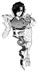 Rule 34 | 1boy, absurdres, android, bandage player, black hair, broken cable, cable, greyscale, hair over one eye, hand up, highres, looking at viewer, male focus, mechabare, mettaton, mettaton ex, monochrome, short hair, simple background, solo, swept bangs, undertale, upper body, white background