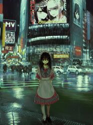 1girl absurdres akihabara_(tokyo) ame-chan_(needy_girl_overdose) apron arms_behind_back black_footwear black_hair car chouzetsusaikawa_tenshi-chan city closed_mouth commentary_request crosswalk expressionless frills full_body hair_between_eyes highres long_hair m40u maid maid_apron maid_headdress motor_vehicle needy_girl_overdose night original outdoors pantyhose people rain real_world_location road standing white_pantyhose wide_shot