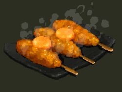 corn_dog egg_yolk food food_focus green_background highres hisachan55cute no_humans original pixel_art plate scenery simple_background steaming_food stick