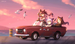 3girls :d absurdres angelina_(arknights) animal animal_ears arknights bird black_jacket black_shirt blazer brown_gloves brown_hair buttons car cellphone chinese_commentary closed_eyes closed_mouth commentary_request day driving evening full_body gloves hairband highres holding holding_phone jacket long_hair long_sleeves looking_afar looking_at_another lunn motor_vehicle multiple_girls open_mouth orange_eyes outdoors phone pink_hair pink_sky provence_(arknights) red_hairband seagull shirt short_sleeves sky skyfire_(arknights) smartphone smile twintails white_jacket wind yellow_eyes
