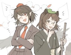 2girls animal_ears bird_wings brown_hair collared_shirt commentary_request crossed_arms fang futatsuiwa_mamizou glasses hat holding jacket japanese_clothes kimono leaf leaf_on_head long_sleeves looking_at_viewer multiple_girls necktie official_alternate_costume one_eye_closed open_mouth paper pointy_ears pom_pom_(clothes) raccoon_ears raccoon_girl raccoon_tail red_eyes red_hat red_necktie sakic43899 shameimaru_aya shameimaru_aya_(newsboy) shirt smile suit_jacket tail tokin_hat touhou white_shirt wide_sleeves wings