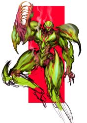 1girl absurdres alternate_design arm_cannon armor assault_visor biomechanical border claws commentary english_commentary green_armor highres metroid metroid_dread metroid_suit nintendo power_suit_(metroid) red_background samus_aran science_fiction sharp_teeth shoulder_armor sketch solo teeth weapon white_background white_border witnesstheabsurd