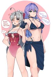 Rule 34 | 2girls, ahoge, alternate costume, anger vein, bare shoulders, bikini, blue bikini, blue eyes, blue nails, blue sarong, blush, breasts, cantarella (wuthering waves), capkal, carlotta (splashing summer) (wuthering waves), carlotta (wuthering waves), casual one-piece swimsuit, center opening, cleavage, closed mouth, collarbone, commentary, covered navel, earrings, english text, grey hair, groin, hair between eyes, hand on own hip, height difference, highleg, highleg one-piece swimsuit, highres, jewelry, large breasts, long hair, looking at viewer, medium breasts, mole, mole under eye, multiple girls, nail polish, navel, off-shoulder one-piece swimsuit, off shoulder, official alternate costume, one-piece swimsuit, one eye closed, open mouth, pink nails, pink one-piece swimsuit, purple hair, rivalry, sarong, smile, spoken expression, stomach, swimsuit, thighs, wuthering waves