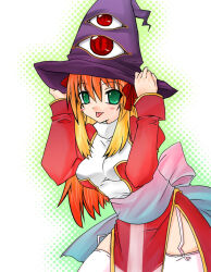 1girl back_bow blonde_hair blush_stickers bow breasts closed_mouth commentary_request cowboy_shot dress eye_print garter_straps green_eyes grey_bow grey_sash hair_bow hat high_priest_(ragnarok_online) juliet_sleeves long_hair long_sleeves looking_at_viewer medium_breasts pelvic_curtain puffy_sleeves purple_hat ragnarok_online red_bow red_dress sidelocks smile solo thighhighs tongue tongue_out two-tone_dress white_background white_dress white_thighhighs witch_hat yakou_(innocent_chapel)