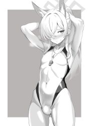 Rule 34 | 1boy, animal ear fluff, animal ears, arms behind head, blue archive, blush, bulge, closed mouth, commentary request, competition swimsuit, covered navel, cowboy shot, dog ears, extra ears, genderswap, genderswap (ftm), greyscale, hair over one eye, halo, highleg, highleg one-piece swimsuit, highres, kanna (blue archive), kanna (swimsuit) (blue archive), long hair, looking at viewer, male focus, miyabikawa sakura, monochrome, one-piece swimsuit, ponytail, simple background, solo, swimsuit, testicle peek, testicles, trap, whistle, whistle around neck
