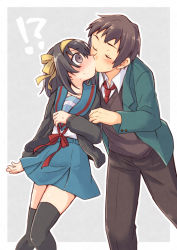 !? 1boy 1girl blouse blue_sailor_collar blue_skirt blush border brown_eyes brown_hair brown_pants brown_vest commentary_request green_jacket grey_background hair_ribbon hairband hetero jacket kiss kita_high_school_uniform kyon long_sleeves looking_at_another necktie open_clothes open_jacket over-kneehighs pants red_necktie red_ribbon ribbon sailor_collar school_uniform serafuku shirt short_hair simple_background skirt surprised suzumiya_haruhi suzumiya_haruhi_no_yuuutsu sweater_vest taiki_(6240taiki) thighhighs vest white_border white_shirt yellow_hairband yellow_ribbon