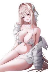 00_zer0 1girl absurdres bikini blush breasts brown_hair cleavage collar commentary goddess_of_victory:_nikke hair_ornament highres huge_breasts large_breasts long_hair looking_at_viewer navel official_alternate_costume open_mouth red_eyes shirt smile solo swimsuit thighs viper_(nikke) viper_(shine_of_love)_(nikke) white_bikini white_shirt