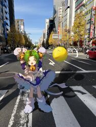 1girl absurdres ahoge animal_hat apron arms_up bell blue_dress blue_ribbon cat_girl cat_hat cat_tail closed_eyes commentary_request crosswalk dejiko di_gi_charat dress fang full_body gema green_hair hair_bell hair_ornament hair_ribbon hat highres jingle_bell mittens neck_bell open_mouth outdoors parted_bangs paw_shoes photo_background puffy_short_sleeves puffy_sleeves ribbon short_hair short_sleeves smile solo standing tail two_side_up vsr6w5t3yd94617 white_apron white_footwear white_hat white_mittens