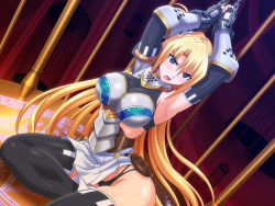 1girl aisis_lorenbach angry armor armpits arms_up bdsm black_gloves black_panties black_thighhighs blonde_hair blue_eyes blush bondage bound breastplate breasts cage chain divus_rabies dutch_angle elbow_gloves female_focus fingerless_gloves fujii_kazuha game_cg gloves hair_between_eyes indoors large_breasts legs long_hair looking_at_viewer open_mouth panties pantyshot pouch psy-chs shiny_skin sitting skirt sleeveless solo thighhighs underwear upskirt very_long_hair