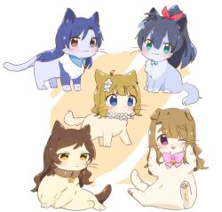 :3 ;p animal animal_collar animal_focus animalization bell black_hair blue_eyes blue_hair blush bow bowtie brown_eyes brown_hair cat closed_mouth collar flower ganaha_hibiki green_eyes hair_flower hair_ornament hutaba idolmaster idolmaster_million_live! kisaragi_chihaya kitazawa_shiho long_hair looking_at_viewer miyao_miya neck_bell no_humans one_eye_closed pink_bow pink_bowtie ponytail purple_eyes short_hair smile suou_momoko tongue tongue_out white_background white_flower