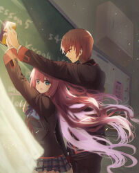 Rule 34 | 1boy, 1girl, a-chan (little busters!), absurdres, arm up, black jacket, blue bow, blue eyes, blurry, blush, bow, brown hair, classroom, closed mouth, commentary request, cowboy shot, curtains, depth of field, eyelashes, eyes visible through hair, floating hair, from side, frown, grey skirt, hair between eyes, hetero, highres, holding hands, indoors, jacket, light particles, light rays, little busters!, little busters! school uniform, long hair, long sleeves, looking at another, miiizuno lbs, miniskirt, natsume kyousuke, open mouth, plaid clothes, plaid skirt, pleated skirt, profile, purple hair, school uniform, short hair, sidelighting, sidelocks, skirt, standing, sunbeam, sunlight, surprised, tareme, very long hair, wind, wind lift