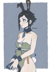 1girl absurdres ace_combat ace_combat_5 adapted_costume animal_ears aurahack breasts brown_eyes brown_hair fake_animal_ears fake_tail green_leotard highres kei_nagase leotard necktie nontraditional_playboy_bunny oxygen_mask playboy_bunny rabbit_tail short_necktie solo standing tail wrist_cuffs