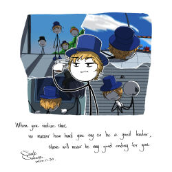 2020 2girls 3girls 4boys ? artist_name bags_under_eyes black_eyes black_hair black_hat blonde_hair blue_hat blue_shoes blurry border carol_cross clenched_teeth closed_mouth commentary dated earpiece earrings earrings_(henry_stickmin) ellie_rose english_text frown full_body green_hat gun gun_to_head handgun hat henry_stickmin_(series) highres holding holding_gun holding_weapon jewelry multiple_boys multiple_girls no_eyes orange_hair outline red_hair sarksakura shoes short_hair solo_focus squiggle standing stick_figure suicide sven_svensson teeth the_leprechaun top_hat upper_body very_short_hair weapon white_border white_outline