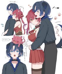 Rule 34 | 2girls, animal ears, animalization, bare arms, black pants, black shirt, black thighhighs, blue eyes, blue hair, blush, breasts, cat ears, cat girl, cat tail, closed eyes, closed mouth, collar, commentary, dog ears, dog girl, dog tail, fang, gloves, hand on another&#039;s waist, heterochromia, highres, hiodoshi ao, hololive, houshou marine, hug, hug from behind, kemonomimi mode, large breasts, long sleeves, medium hair, mochi jiro, multiple girls, open mouth, pants, paw print, pleated skirt, red eyes, red shirt, red skirt, shirt, simple background, skirt, smile, symbol-only commentary, tail, thighhighs, translation request, twintails, virtual youtuber, white background, white gloves, wolf cut, yellow eyes, yuri