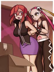 2girls :o arms_behind_back blurry blurry_background border box breasts brown_eyes cardboard_box commentary eyeshadow glasses highres holding indoors kurt_robinson large_breasts leaning_forward long_hair lorelei_(pokemon) makeup multiple_girls nintendo open_mouth outside_border pants pink_hair plumeria_(pokemon) pokemon pokemon_frlg pokemon_sm purple_skirt red_hair shirt skirt sleeveless sleeveless_shirt standing stomach_tattoo tattoo team_skull tongue white_border wristband yellow_eyes