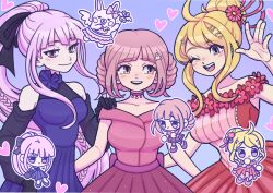 3girls :d ;d akamatsu_kaede bare_shoulders bazukat_art black_bow black_gloves blonde_hair blush bow breasts chibi danganronpa:_trigger_happy_havoc danganronpa_(series) danganronpa_10th_anniversary_costume danganronpa_2:_goodbye_despair danganronpa_v3:_killing_harmony dress dress_flower flower galaga gloves grey_hair hair_bow heart highres kirigiri_kyoko large_breasts long_hair multiple_girls multiple_views nanami_chiaki official_alternate_costume one_eye_closed open_mouth pink_dress ponytail red_dress smile spaceship_hair_ornament teeth upper_teeth_only usami_(danganronpa)