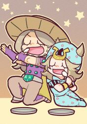 2boys absurdres beanie beard belt belt_buckle blonde_hair blue_hat blue_hoodie blue_pants bridal_gauntlets brown_hat brown_pants buckle cape chibi chibi_only closed_eyes commentary cowboy_hat facial_hair grey_belt grey_hair gyro_zeppeli hat highres holding holding_spoon hood hood_down hoodie horseshoe_hat_ornament horseshoe_ornament johnny_joestar jojo_no_kimyou_na_bouken kneeling long_hair m_a_a_m_8 male_focus multiple_boys music on_one_knee open_clothes open_mouth pants plate purple_bridal_gauntlets purple_shirt shirt short_sleeves singing sky smile spoon spurs star_(sky) star_(symbol) star_print starry_sky steel_ball_run symbol-only_commentary u_u wristband yellow_cape