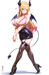 1girl absurdres black_horns black_shoes black_skirt black_thighhighs blonde_hair blue_eyes blush breast_tattoo breasts center_frills cleavage closed_mouth collared_shirt covered_navel demon_girl demon_horns demon_tail demon_wings frilled_shirt frills full_body garter_straps gradient_hair hair_ribbon heart highres hololive horn_ornament horn_ring horns lace lace-trimmed_skirt lace-trimmed_thighhighs lace_trim large_breasts long_hair looking_at_viewer maro2ki3 miniskirt multicolored_hair nail_polish pencil_skirt pink_hair pink_shirt pointy_ears ribbon shirt shirt_tucked_in shoes single_sidelock skirt sleeveless sleeveless_shirt smile solo strappy_heels swept_bangs tail tattoo thighhighs tress_ribbon virtual_youtuber winged_heart_tattoo wings yuzuki_choco yuzuki_choco_(1st_costume)
