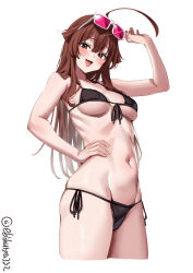 Rule 34 | 1girl, ahoge, arm up, artist name, bikini, blush, breasts, brown eyes, brown hair, collarbone, commentary request, cropped legs, ebifurya, eyewear on head, fang, front-tie bikini top, front-tie top, glint, hair between eyes, hand on own hip, highres, kantai collection, kuma (kancolle), long hair, looking at viewer, medium breasts, navel, one-hour drawing challenge, open mouth, side-tie bikini bottom, sidelocks, simple background, smile, solo, sunglasses, swimsuit, thighs, twitter username, underboob, white background