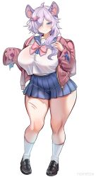 1girl animal_ears artist_name backpack bag bat_ears bat_girl bat_hair_ornament blue_eyes blue_skirt blush bow breasts cardigan crop_top earrings hair_ornament hair_over_one_eye hair_over_shoulder huge_breasts jewelry long_hair midriff_peek noiretox one_eye_covered open_cardigan open_clothes original pigeon-toed pink_bow pink_cardigan purple_hair randoseru sailor_collar scar scar_on_leg school_uniform shirt shoes skirt sleeves_past_wrists smile socks solo standing thick_thighs thighs white_background white_shirt wide_hips