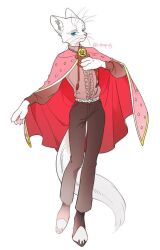 1boy animal_hands babeldj blue_eyes body_fur brown_shirt cape cat_boy claws colored_eyelashes commentary_request full_body furry furry_male long_sleeves looking_at_viewer male_focus original puffy_long_sleeves puffy_sleeves red_cape shirt simple_background solo tail whiskers white_background white_fur