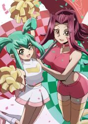 Rule 34 | 2girls, bare shoulders, breasts, brown hair, cheerleader, cowboy shot, green eyes, highres, holding, holding umbrella, izayoi aki, large breasts, luca (yu-gi-oh!), multiple girls, noppe, pom pom (cheerleading), race queen, red hair, red shirt, red shorts, shirt, shorts, skirt, umbrella, white shirt, white skirt, yu-gi-oh!, yu-gi-oh! 5d&#039;s