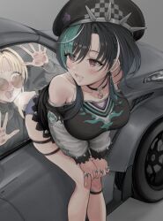 absurdres aqua_hair aqua_streaks asaripan beret black_choker black_hair blush breasts choker commentary_request earrings hat highres hololive hololive_dev_is jewelry knee_strap koganei_niko large_breasts lightning_ahoge medium_hair multicolored_hair o-ring o-ring_thigh_strap print_tank_top red_eyes rindo_chihaya shirt shorts smile spiked_dress spiked_hat spiked_sleeves streaked_hair thick_thighs thigh_strap thighs virtual_youtuber white_hair white_streaks yuri