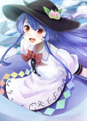 1girl :d arms_behind_back black_hat blue_hair blue_skirt blush collared_shirt commentary_request frilled_skirt frills from_above hair_between_eyes happy hat highres hinanawi_tenshi long_hair looking_at_viewer looking_up medium_skirt open_mouth orange_eyes peach_hat_ornament red_eyes sawa_nao shirt skirt smile solo teeth touhou upper_teeth_only very_long_hair white_shirt