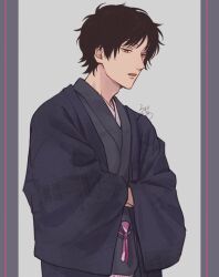 1boy black_hair blue_kimono brown_eyes erinan half-closed_eyes highres japanese_clothes karasuma_kyousuke kimono male_focus parted_lips short_hair signature simple_background solo upper_body wide_sleeves world_trigger