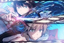 2girls black_hair blonde_hair blue_eyes bullfalk clenched_teeth closed_mouth commentary_request daiba_nana epaulettes frown fur-trimmed_jacket fur_trim glint green_eyes highres holding holding_knife holding_sword holding_weapon jacket jacket_on_shoulders kagura_hikari knife long_hair multiple_girls red_jacket short_twintails shoujo_kageki_revue_starlight sparkle_hair_ornament split_mouth sword sword_fight teeth twintails v-shaped_eyebrows weapon