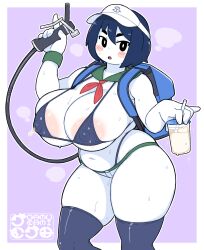 1girl anchor_symbol areola_slip backpack bag bikini black_bikini black_eyes black_thighhighs blue_bag blue_hair blush breasts bright_pupils colored_skin commentary_request cookie_(touhou) covered_erect_nipples cup feet_out_of_frame gamukami highres holding holding_cup huge_breasts looking_at_viewer micro_bikini micro_shorts milk milk_(cookie) murasa_minamitsu navel neckerchief open_mouth plump purple_background red_neckerchief short_hair shorts skindentation solo standing swimsuit thighhighs touhou uriko_(baseball) visor_cap white_pupils white_shorts white_skin