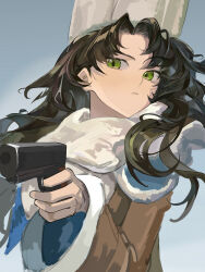 1girl :&lt; absurdres aiming aiming_at_viewer black_hair brown_jacket finger_on_trigger fur_hat green_eyes grey_background gun handgun hat highres holding holding_gun holding_weapon jacket long_hair looking_at_viewer moldir_(reverse:1999) papakha reverse:1999 scarf solo upper_body weapon white_hat white_scarf wu_fuzuoyong