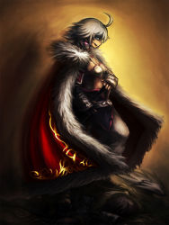 1girl ahoge bikini bikini_top_only blue_eyes breasts cape cleavage collar dark_persona earrings female_focus fur_trim glowing glowing_eye grey_hair hair_between_eyes highres jewelry midriff navel revya_(female) short_hair solo soul_cradle swimsuit sword torihasiden weapon