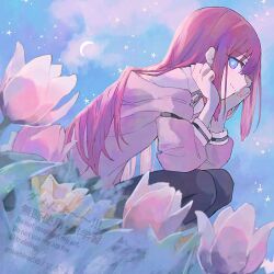 1girl black_pantyhose blue_eyes brown_jacket commentary crescent_moon flower hair_between_eyes hands_on_own_face highres jacket light_smile long_hair looking_at_viewer makise_kurisu moon pantyhose pink_flower pink_tulip red_hair sidelocks sideways_glance solo squatting star_(sky) steins;gate suehiroch0 tulip watermark yellow_flower