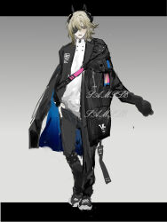1boy absurdres black_coat black_jacket black_shoes blonde_hair coat coat_on_shoulders eyepatch full_body gradient_background grey_background hand_in_pocket highres horns iggy.m jacket jacket_on_shoulders long_sleeves male_focus open_clothes open_coat open_mouth pants shirt shoes short_hair solo standing white_shirt