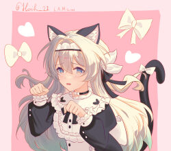 animal_ears apron black_bow black_choker black_ribbon blush bow cat_ears cat_tail choker firefly_(honkai:_star_rail) frilled_apron frills gradient_hair green_pupils grey_hair hair_between_eyes hair_intakes hair_ornament hair_ribbon heart highres honkai:_star_rail honkai_(series) horik_22 maid maid_apron maid_headdress multicolored_eyes multicolored_hair open_mouth ribbon ribbon_choker tail tail_ornament tail_ribbon twitter_username two-tone_eyes