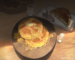 1girl apron butter chef_hat creamer_(vessel) creature croissant demizu_posuka food food_focus grey_hair hat mini_person minigirl original pancake plate purple_skirt shade skirt syrup table white_apron