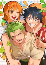 1girl 2boys alynomali arm_around_shoulder black_hair brown_eyes checkered_background collarbone commentary earrings facial_scar food fruit glint gold_earrings green_hair grin haramaki hat highres jewelry looking_at_viewer mandarin_orange monkey_d._luffy multiple_boys nami_(one_piece) one_eye_closed one_piece open_mouth orange_hair red_vest roronoa_zoro scar scar_on_cheek scar_on_face shirt short_hair short_sleeves sidelocks smile sparkle straw_hat straw_hat_pirates strawberry symbol-only_commentary teeth twitter_username unworn_hat unworn_headwear upper_body upper_teeth_only v vest white_shirt