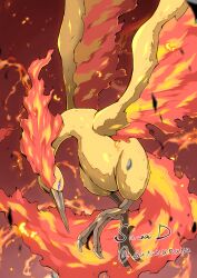absurdres beak bird creatures_(company) fiery_wings fire game_freak gen_1_pokemon highres legendary_pokemon midair moltres nintendo no_humans pokemon pokemon_(creature) sawa_d solo talons wings