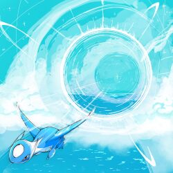 blue_sky cloud cloudy_sky flying gen_3_pokemon highres horizon latios legendary_pokemon motion_lines nintendo no_humans ocean outdoors pokemon pokemon_(creature) ragia scenery sky sonic_boom_(speed) sparkle