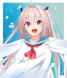 1girl :d ahoge air_bubble ascot atri atri-my_dear_moments- black_ribbon blue_background blue_sailor_collar blush brown_hair bubble buttons character_name commentary dress eyelashes eyes_visible_through_hair hair_between_eyes hair_intakes hair_ribbon happy highres long_hair long_sleeves looking_at_viewer open_mouth outstretched_arms red_ascot red_eyes ribbon sailor_collar sailor_dress silver116 simple_background smile solo teeth two_side_up underwater upper_body upper_teeth_only very_long_hair white_dress