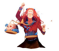 1girl belt bird blindfold bluebird brown_skirt crying diana_(kyokugen_dasshutsu) female_focus freckles gun highres kyokugen_dasshutsu long_hair long_sleeves orange_hair parted_lips pixelyte red_sweater skirt skull solo standing sweater tears video_game weapon weighing_scale white_background zero_escape:_toki_no_dilemma