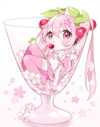 Rule 34 | 1girl, :o, bare shoulders, bird, blush, boots, candy apple, cherry blossoms, cherry hair ornament, chibi, chibi only, collared shirt, commentary, cup, detached sleeves, drinking glass, food, food-themed hair ornament, full body, green bird, hair between eyes, hair ornament, hatsune miku, highres, holding, holding candy apple, holding food, in container, in cup, long hair, long sleeves, looking at viewer, necktie, number tattoo, open mouth, pink boots, pink eyes, pink hair, pink necktie, pink shirt, pink skirt, pink sleeves, pleated skirt, sakura miku, shirt, shoulder tattoo, simple background, skirt, sleeveless, sleeveless shirt, solo, symbol-only commentary, tattoo, thigh boots, tie clip, twintails, vocaloid, white background, wide sleeves, yuni (irohasuiroiro)