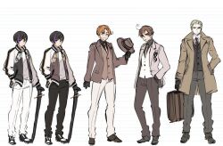 5boys ahoge axis_powers_hetalia black-framed_eyewear black_gloves black_hair black_jacket black_pants black_shirt black_shoes blonde_hair blue_eyes brothers brown_coat brown_eyes brown_hat brown_jacket brown_vest buttons closed_mouth coat collared_shirt commentary_request dual_persona flag_print floral_print formal_clothes full_body germany_(hetalia) gloves grey_pants hand_in_pocket hand_up hat himaruya_hidekazu holding holding_suitcase holding_sword holding_unworn_clothes holding_unworn_hat holding_weapon italian_flag italian_flag_print jacket japan_(hetalia) katana lapels long_sleeves looking_at_viewer male_focus multicolored_hair multiple_boys necktie northern_italy_(hetalia) official_alternate_costume official_art one_eye_closed open_clothes open_coat open_jacket orange_hair pants parted_bangs puffy_long_sleeves puffy_sleeves purple_hair red_necktie shirt shoes short_hair siblings simple_background single_glove smile southern_italy_(hetalia) standing streaked_hair suit suit_jacket suitcase sukajan sunglasses sword t-shirt teeth twins unworn_hat unworn_headwear v-shaped_eyebrows vest weapon white_background white_pants white_shirt white_vest yellow_eyes