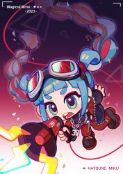 1girl 39 aqua_eyes aqua_hair black_jacket black_shirt blunt_bangs braid chain chain_necklace character_name chibi clothing_cutout commentary ear_piercing eyeshadow floating_hair full_body goggles goggles_on_head gradient_background hatsune_miku highres holding holding_megaphone jacket jewelry light_blush long_hair long_sleeves magical_mirai_(vocaloid) magical_mirai_miku magical_mirai_miku_(2023) makeup megaphone multicolored_hair musical_note navel navel_cutout necklace o-ring open_clothes open_jacket open_mouth pants piercing quilted_jacket red_eyeshadow red_hair red_pants shirt sidelocks sleeveless sleeveless_shirt solo sparkle stomach suuroku symbol-only_commentary twin_braids twintails vocaloid