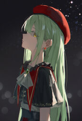 absurdres bang_dream! bang_dream!_it&#039;s_mygo!!!!! black_shirt earrings expressionless from_side green_hair haimaotuanzi highres jewelry light_particles long_hair looking_at_viewer meerkat mortis_(bang_dream!) shirt simple_background upper_body wakaba_mutsumi